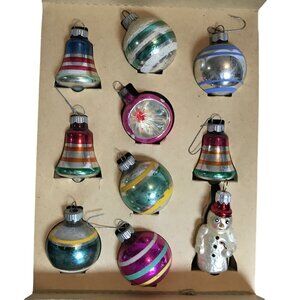 Vintage Shiny Brite Christmas Ball Bell Stripes Ornaments Set Of 10